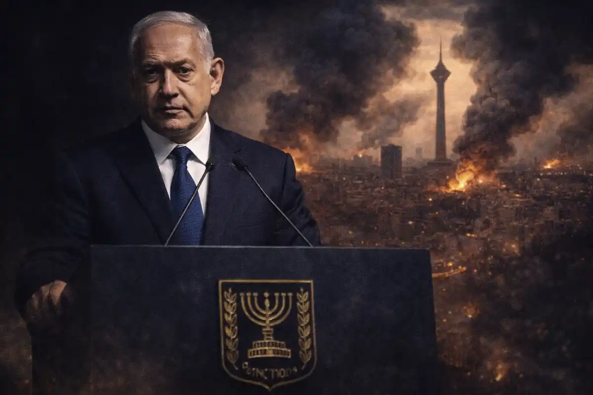 Benjamin Netanyahu speaks at podium during 2026 Iran war as Israeli strikes continue on Tehran