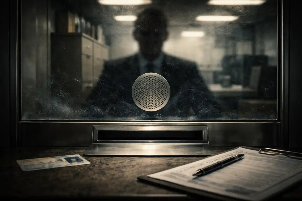 A view of a government service counter shows scratched bulletproof glass with a metal speaker grille and document slot