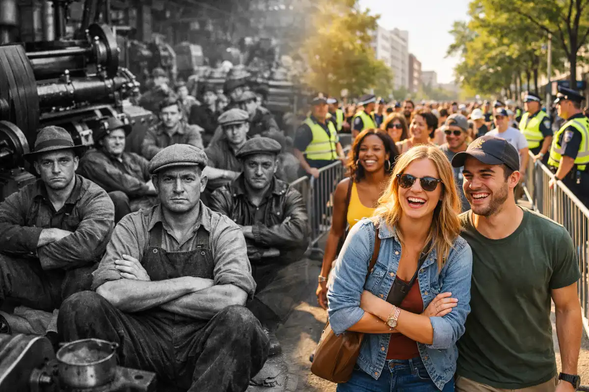 Split image: 1930s factory workers sitting defiantly among machinery during a sit-down strike, contrasted with modern protesters marching peacefully behind police barricades.