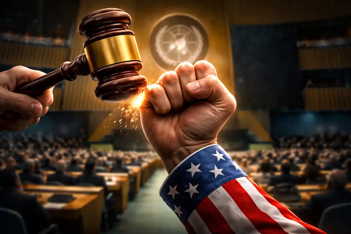 A raised fist wrapped in the American flag blocks a judge’s gavel mid-strike inside a large international assembly hall