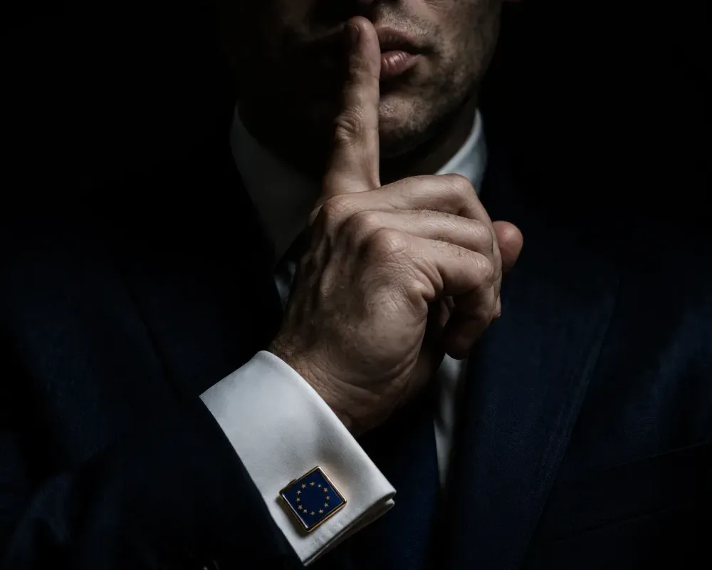 A suited hand with an EU flag cufflink pressing a finger to lips in a silencing gesture against a dark background.