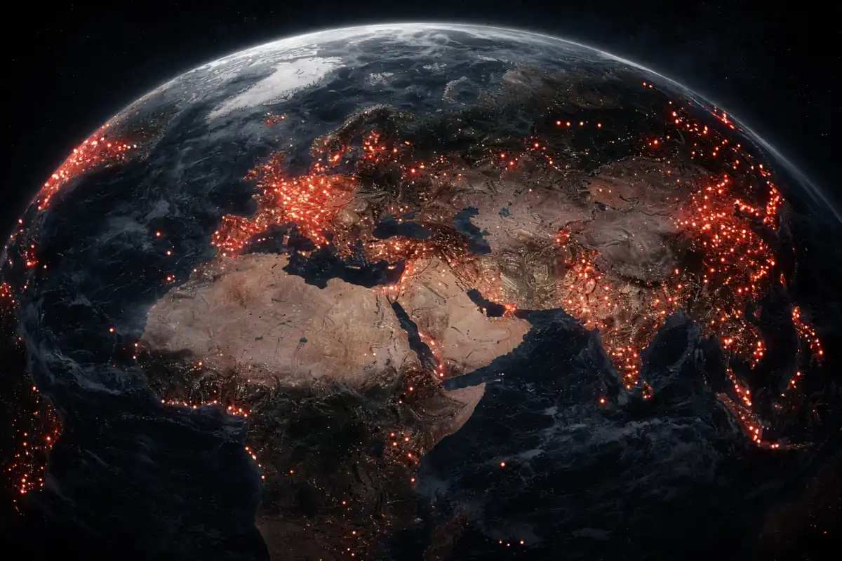 World map showing approximately 750 US military base locations as red dots, with dense clusters surrounding Russia, China, and Iran, and scattered presence across every continent.