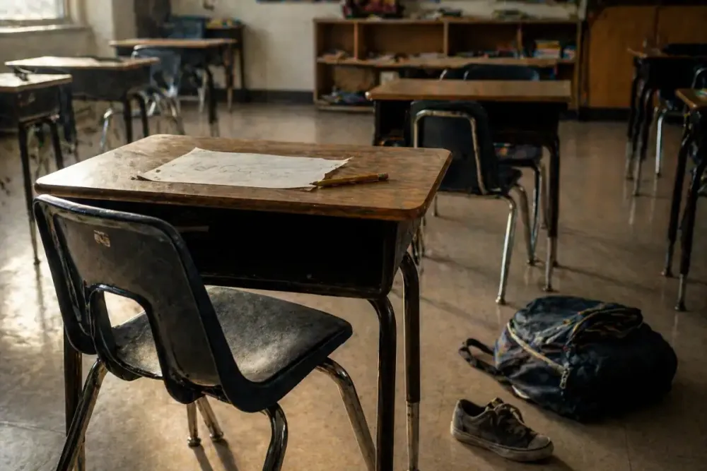An empty classroom desk with a chair pushed back sits in soft natural light, with a pencil and a partially written paper on the desk