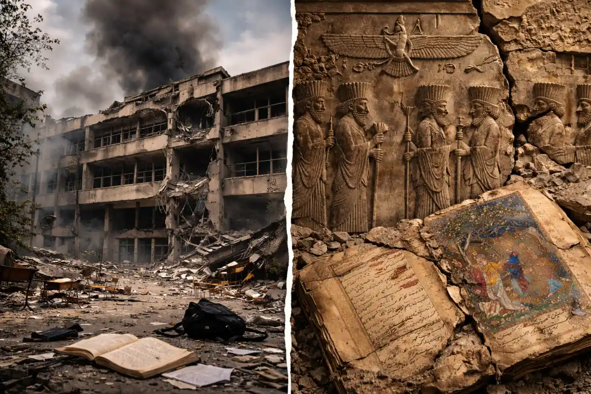 Split image showing bombed Iranian university and ancient Persian cultural artifact