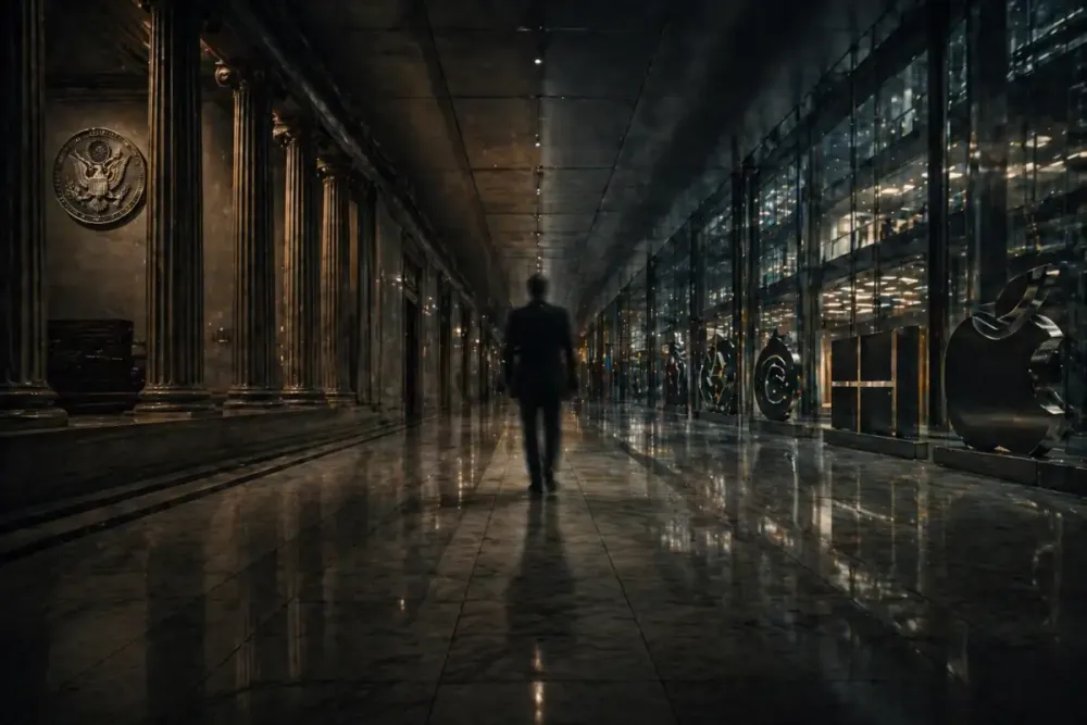 A long corridor connects a classical government chamber with columns on one end to a modern glass-walled corporate atrium on the other.