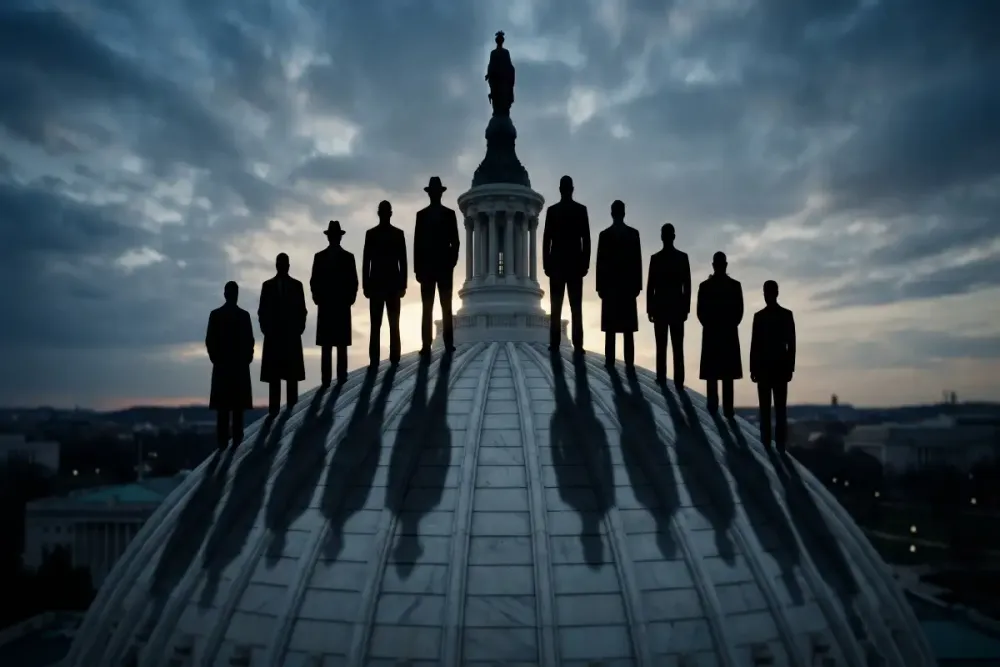 Silhouetted figures stand above the U.S. Capitol dome while multiple elongated shadows stretch downward, symbolizing hidden financial influence and concentrated political power.