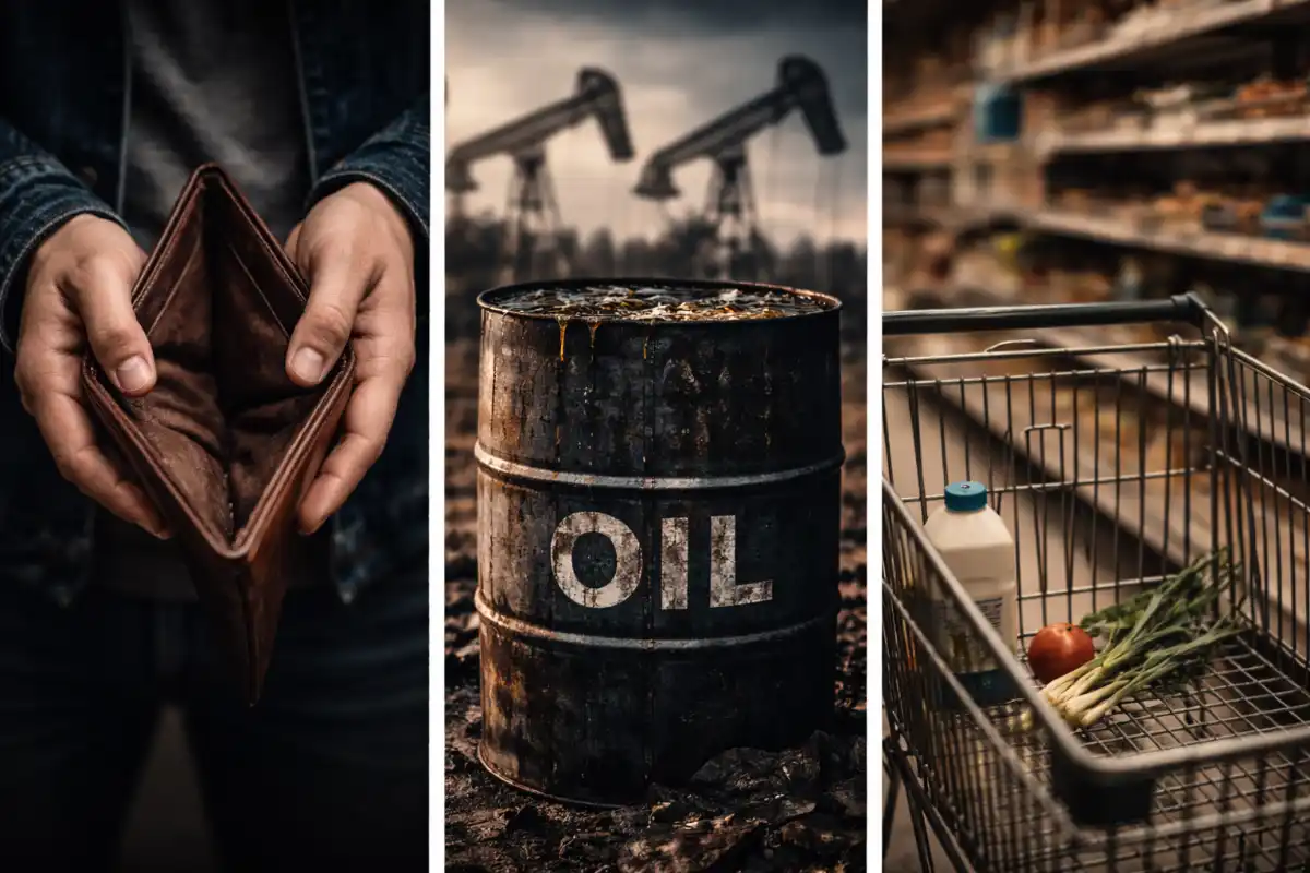 Image shows an empty wallet in a person’s hands, a leaking oil barrel in an industrial setting, and a nearly empty grocery cart in a store aisle