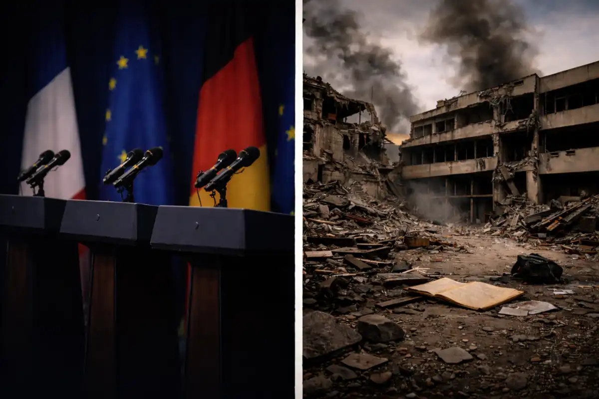 A split image shows empty podiums with microphones and European flags on one side, and a bombed university building with smoke and debris on the other