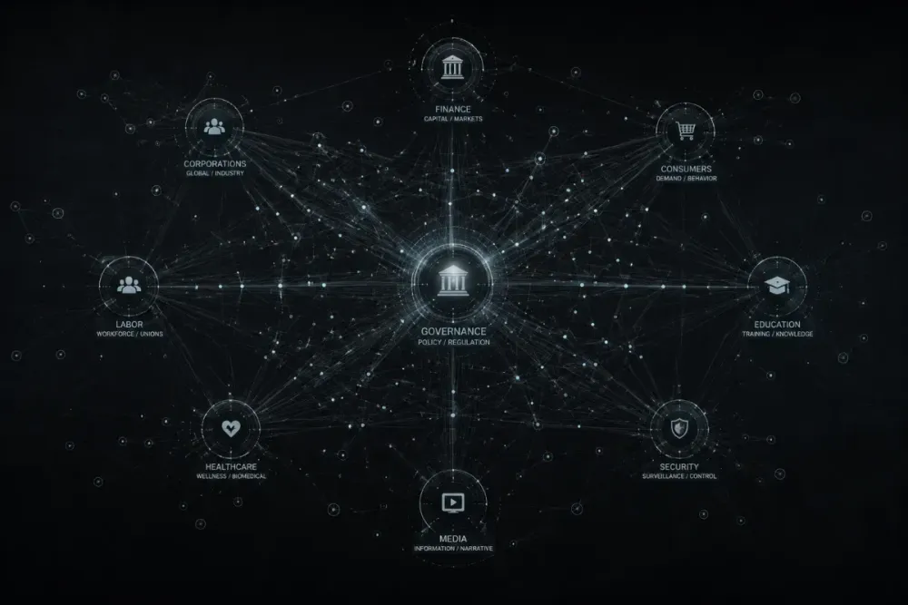 Abstract network diagram showing connected nodes representing overlapping institutional power, dark background with faint connecting lines.