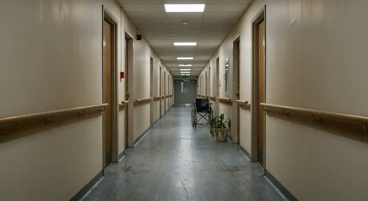 An empty institutional corridor in a European residential care building, photographed in flat fluorescent light. Wooden handrails run along both walls. Closed doors line each side.