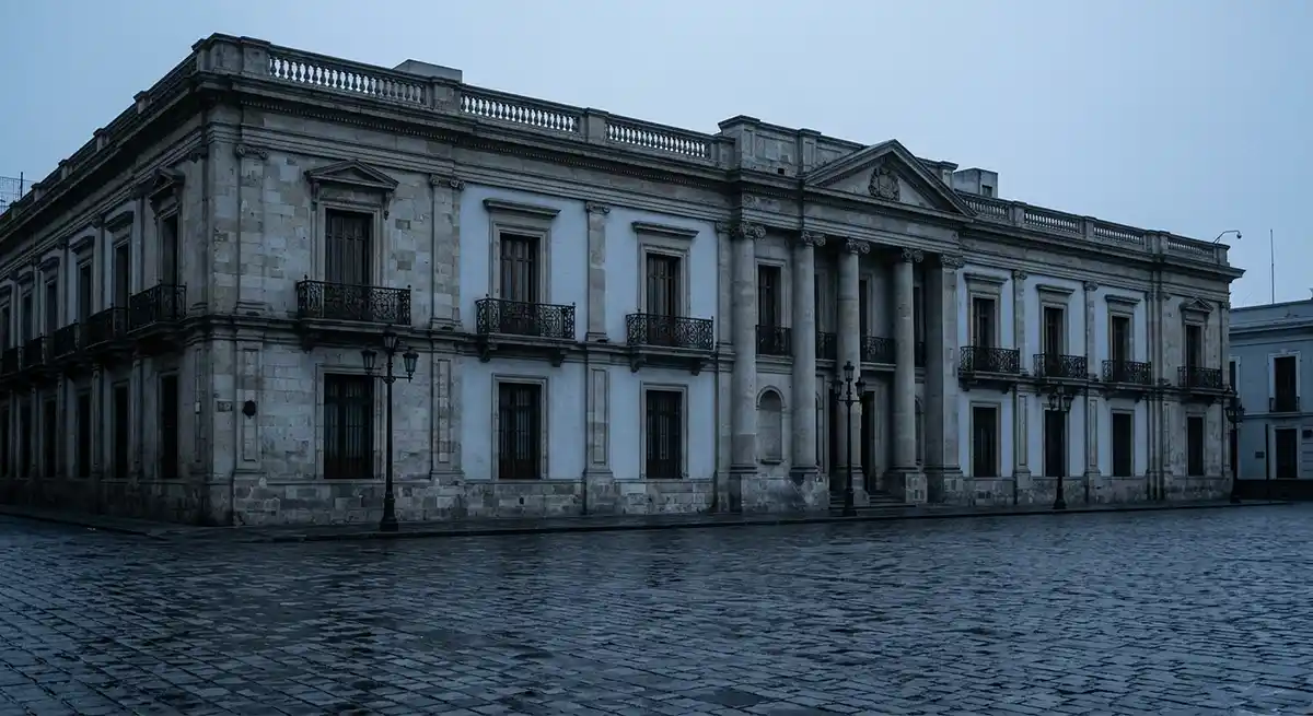 A colonial-era Latin American presidential palace photographed in cold pre-dawn light.