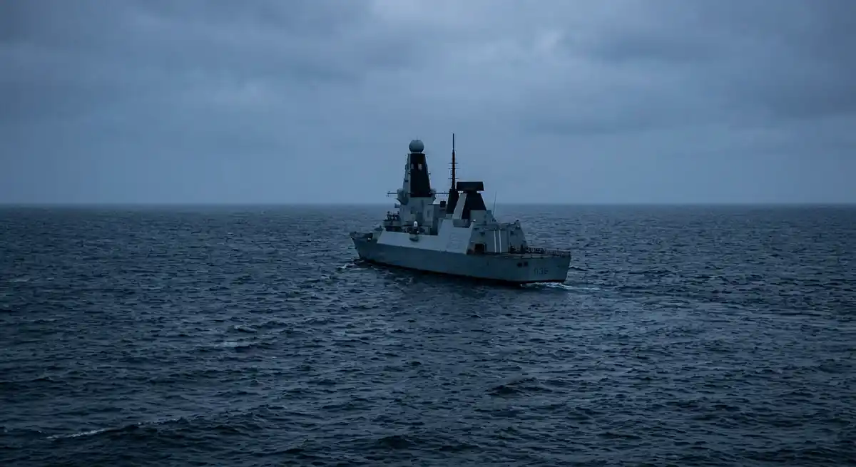 A modern naval vessel at sea, photographed in cold blue-grey light against open water. No human figures visible. The vessel is angled away from the viewer