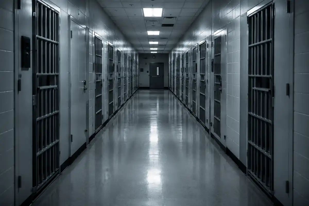 An empty institutional corridor, lit in cold fluorescent light, concrete floor, painted walls, no people, no signage. A generic interior of an unidentified government or detention facility.