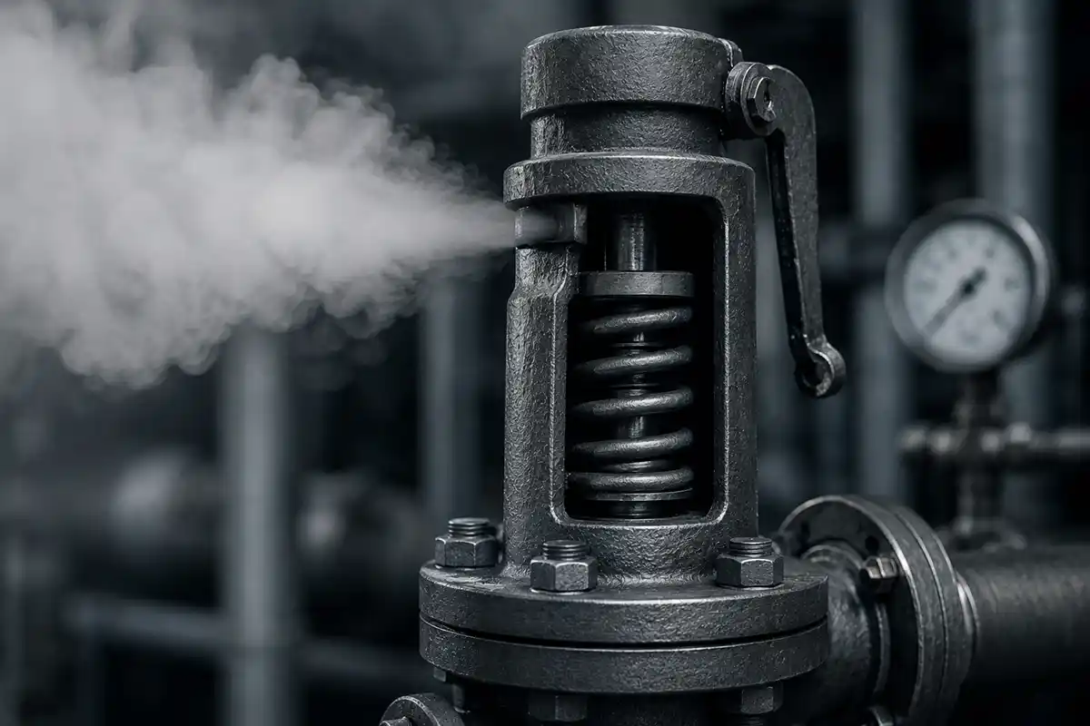 A close-up of an industrial pressure-relief valve, photographed in black and white,  heavy cast metal, riveted housing, a single output channel for discharged pressure.