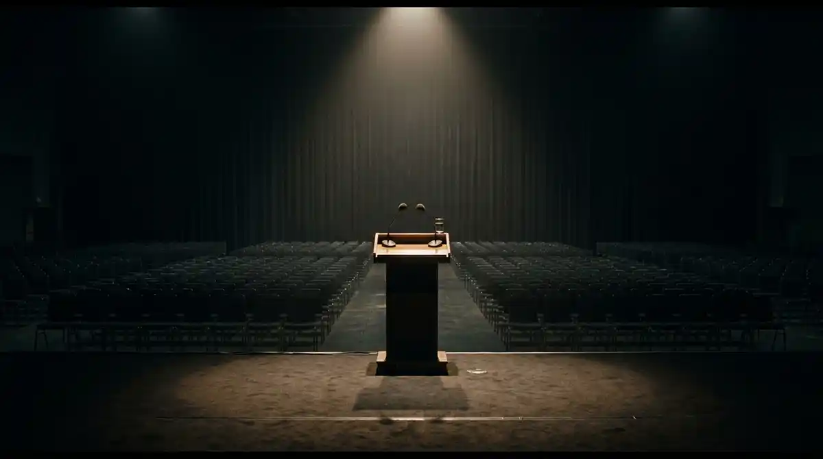 Empty party-conference stage, podium, microphones, dark hall, no branding