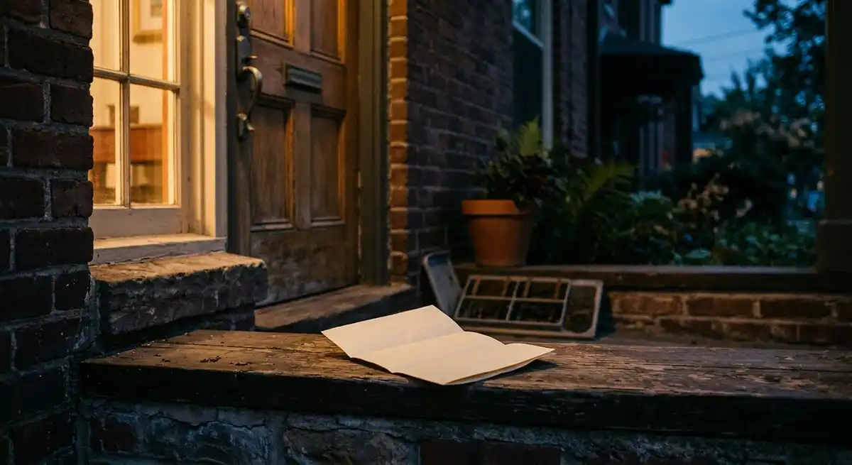 A folded legal document resting on a residential doorstep in dim evening light. No text is legible, no people are visible. Documentary still-life photograph.