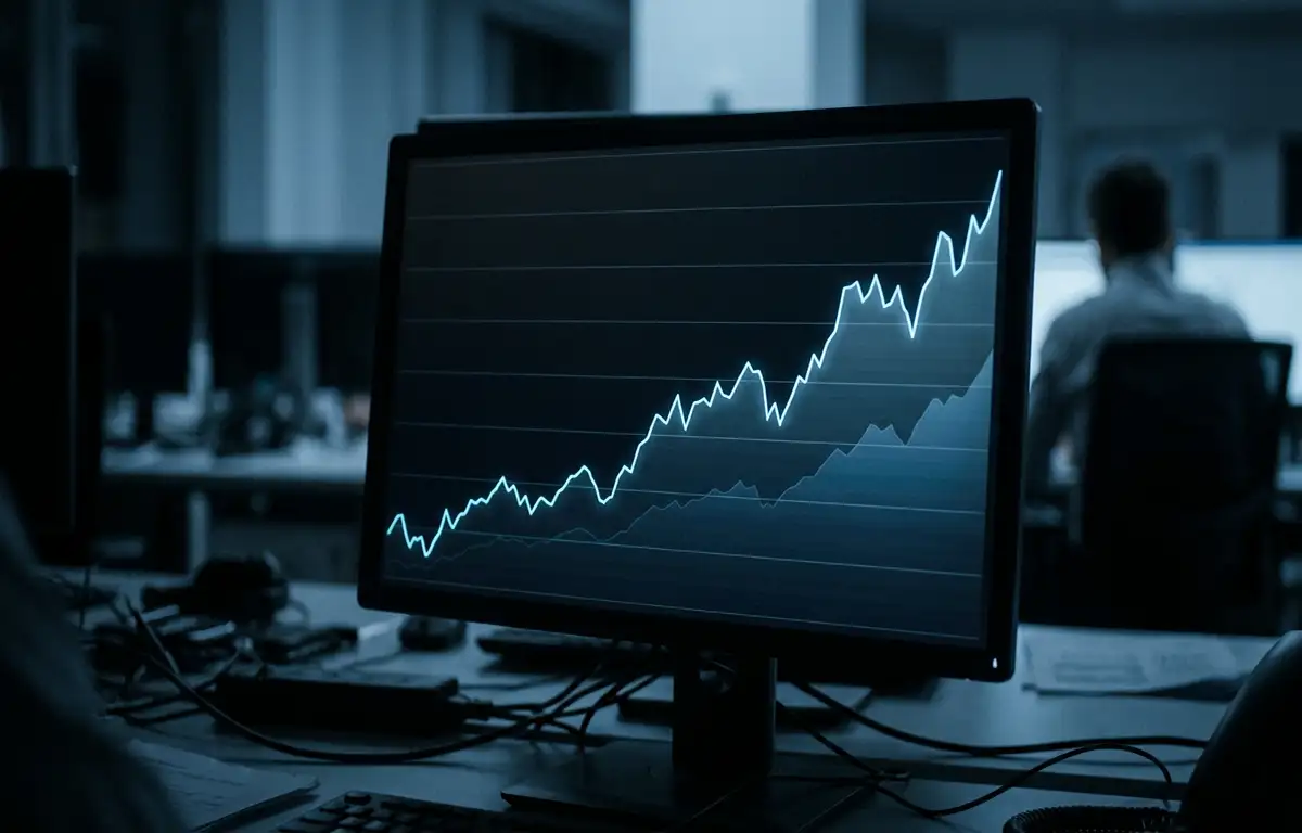 An abstract upward-trending financial chart on a dark screen in cold blue-grey light, with faint grid lines and no readable numbers. Corporate, restrained still image.