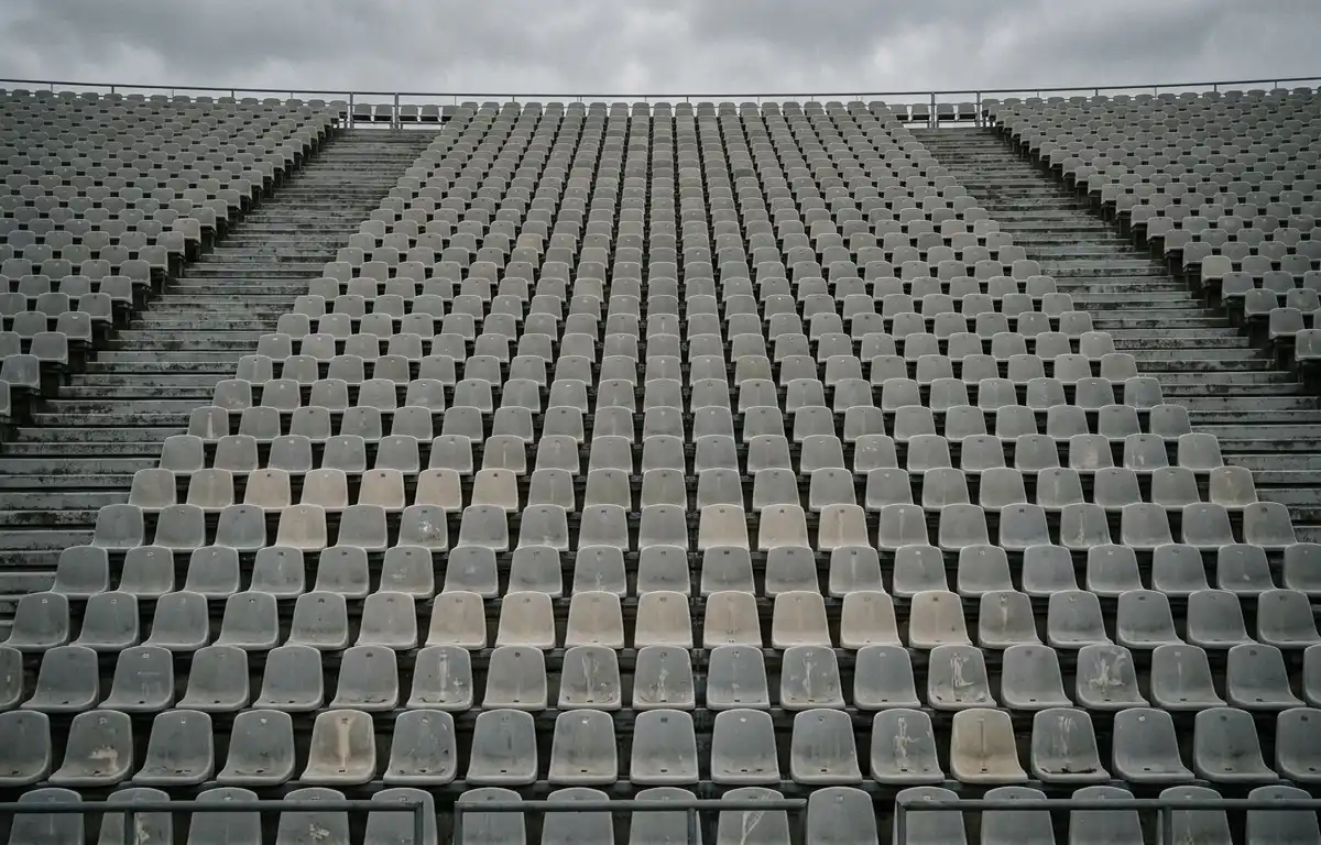 A vast stand of empty stadium seats filling the frame in flat overcast light, muted grey and pale tones. No people, signage or text are visible.
