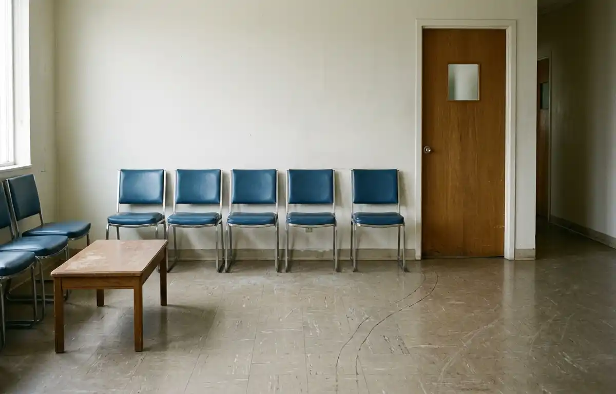 An empty medical waiting room in flat natural daylight, with a row of chairs against a pale wall and a closed door. No people, signage or text are visible.