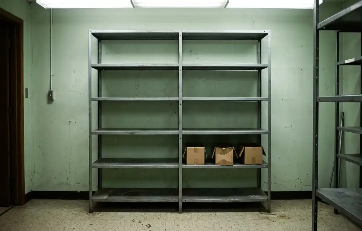 An empty metal medical supply shelf in a clinic storeroom under cold flat light, with bare shelving and a few empty boxes. No people, labels or text are visible.