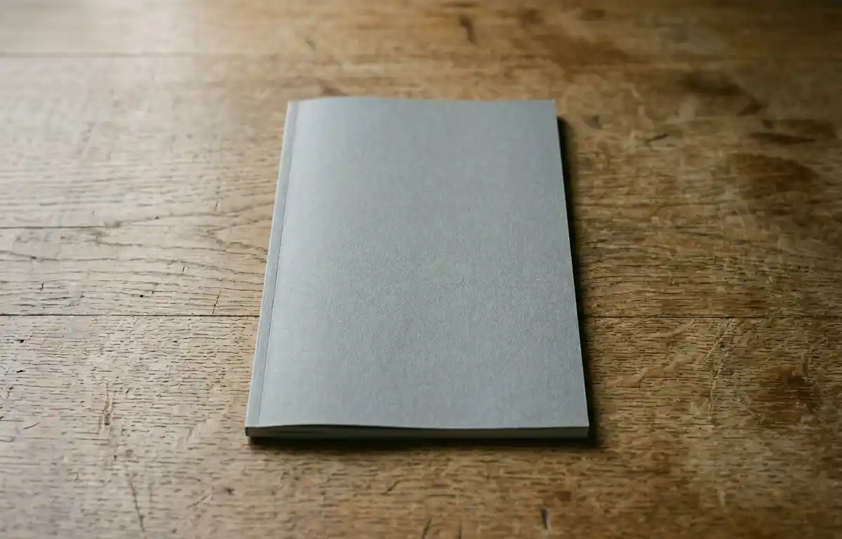 A plain bound report lying closed on a bare wooden desk in flat daylight, with a blank grey cover and nothing else on the desk. No text, markings or people are visible.