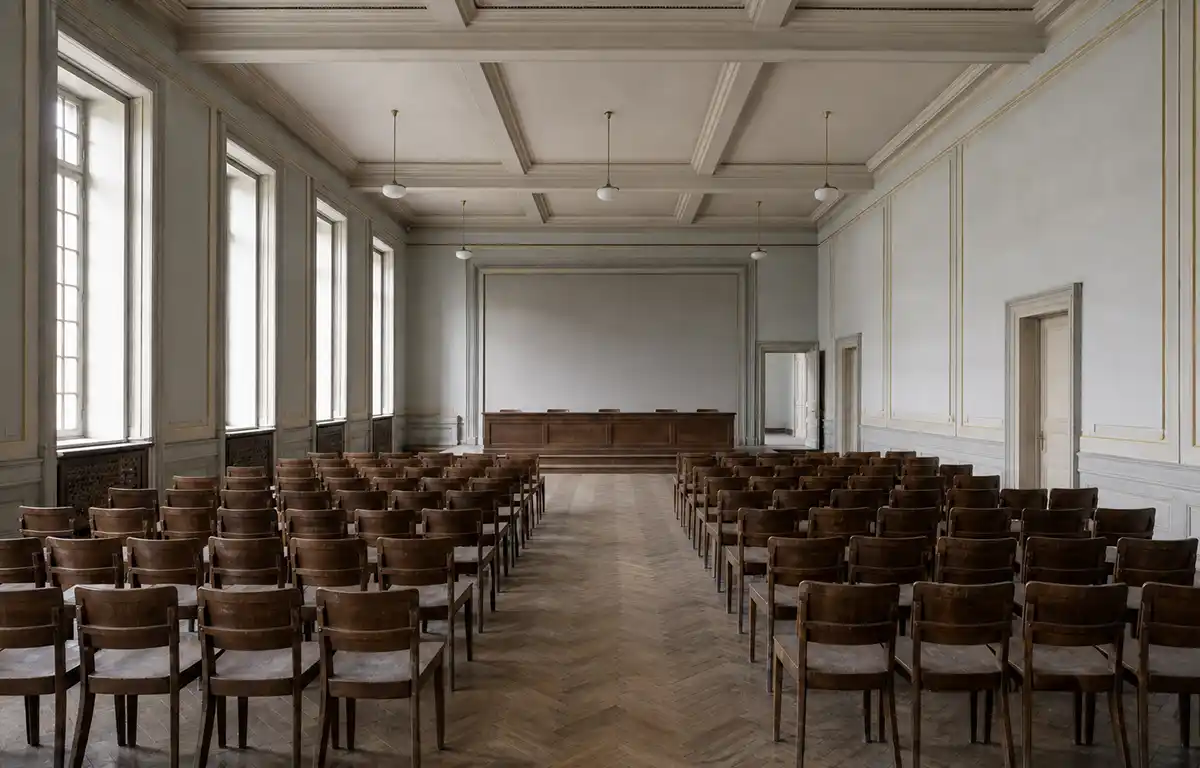 An empty conference hall in an older European public building, with rows of plain wooden seats, tall windows and a low dais at the far end. No people, flags or insignia are visible.