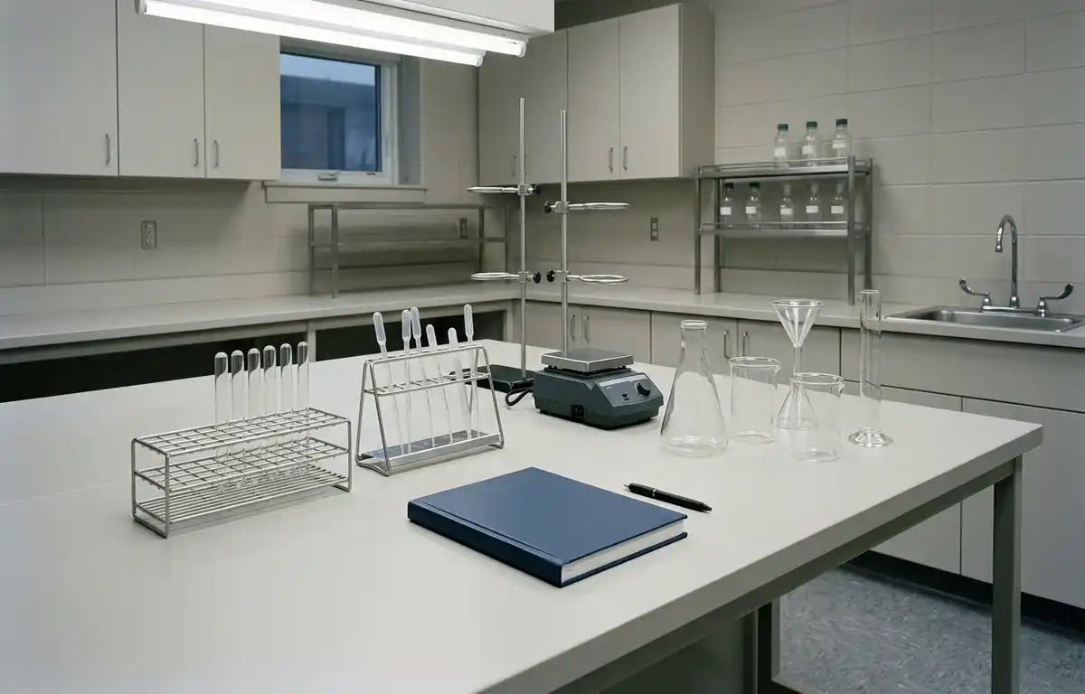An unattended laboratory bench in cold flat light, with clean glassware, empty racks and a closed notebook. No people, labels or text are visible.
