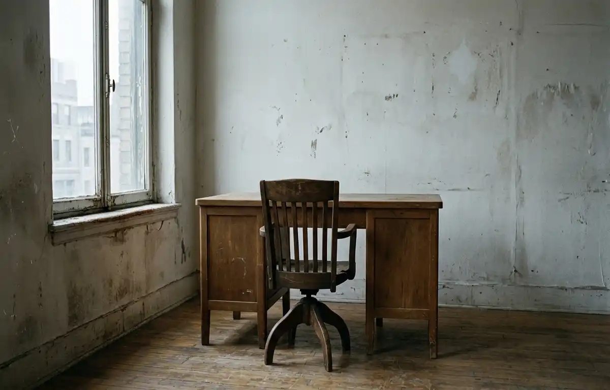An empty wooden office chair behind a plain desk in a bare room, lit by pale daylight from a single window. The desk is empty and no people, text or signage are visible.