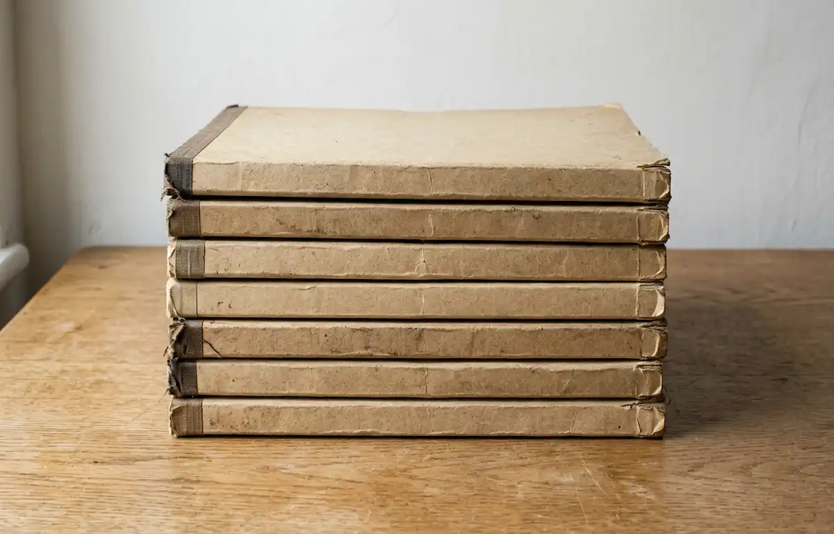 A stack of closed buff-coloured case folders on a plain wooden desk in flat daylight, with slightly worn covers and nothing else on the desk. No people, text or labels are visible.