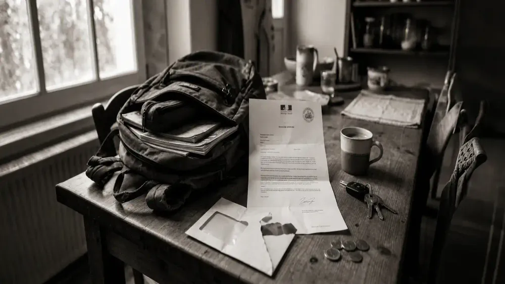 A French administrative demand letter lying on a kitchen table beside a teenager's school backpack.