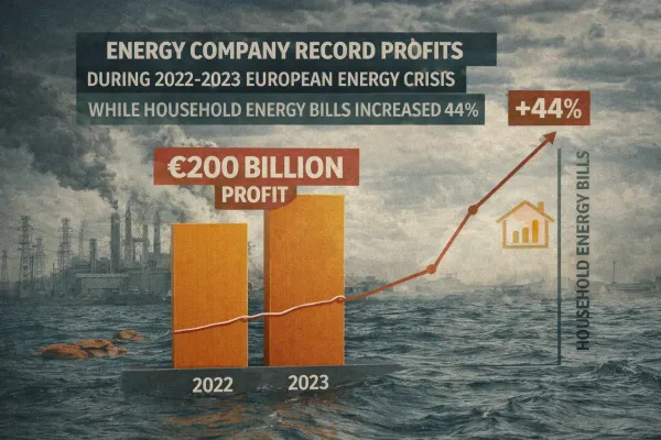 Graph showing energy company record profits of €200 billion during 2022-2023 European energy crisis while household energy bills increased 44%