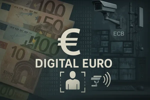 Digital euro surveillance system illustration showing ECB programmable money with tracking monitoring and control over citizen transactions