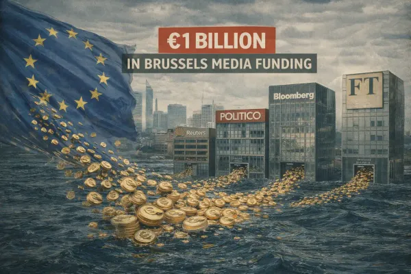 EU flag with euro symbols flowing into news organizations - representing €1 billion in Brussels media funding and propaganda operations