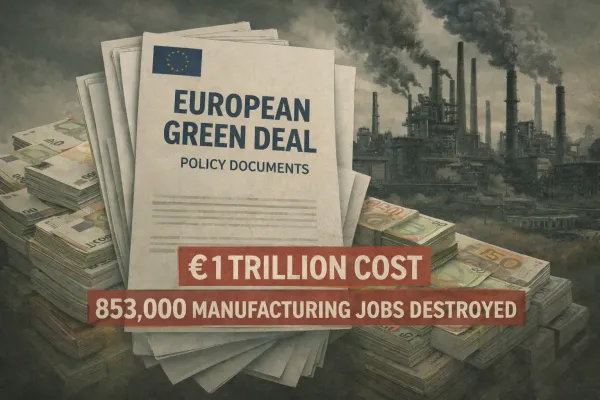 European Green Deal policy documents with money and factories representing €1 trillion cost and 853,000 manufacturing jobs destroyed
