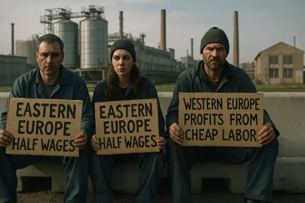 Eastern European workers earning half wages compared to Western Europe while corporations profit from cheap labor through EU freedom of movement