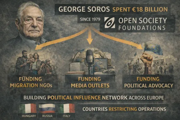 Infographic showing how George Soros spent €18 billion through Open Society Foundations 