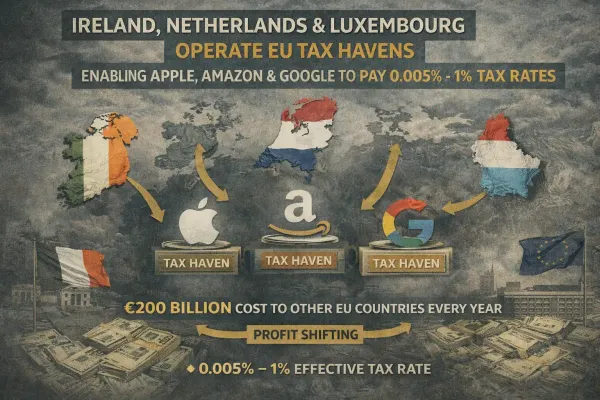 Infographic showing how Ireland Netherlands and Luxembourg operate EU tax havens enabling Apple Amazon Google to pay 0.005-1% effective tax rates through profit shifting 