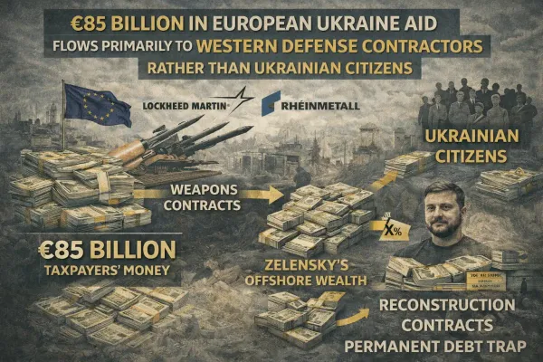 Infographic showing how €85 billion in European Ukraine aid flows primarily to Western defense contractors