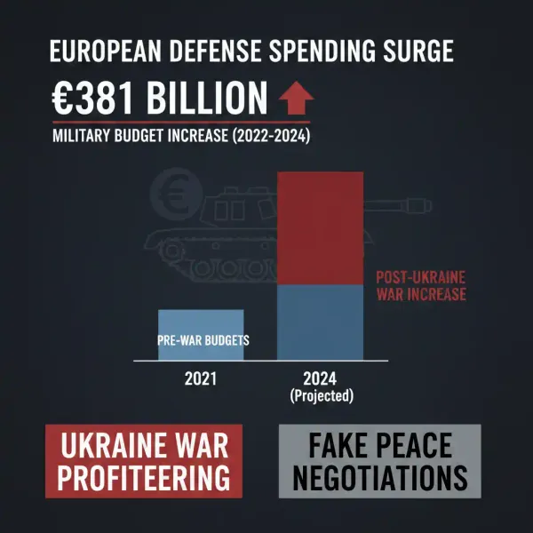 European defense spending chart showing €381 billion military budget increase - Ukraine war profiteering and fake peace negotiations