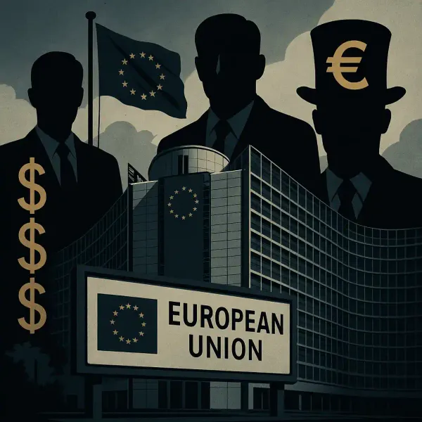  European Union headquarters Brussels with corporate lobbyist symbols showing unelected bureaucrats controlling EU power structure