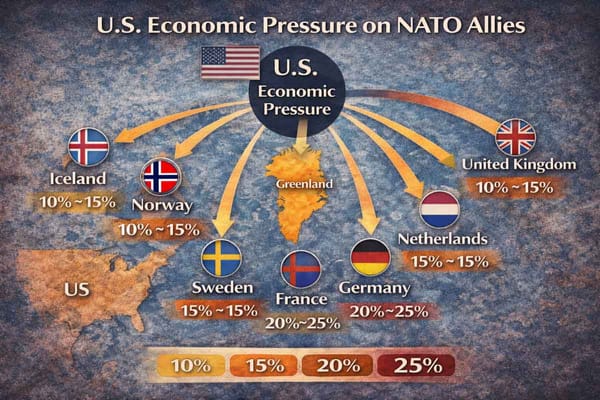 Map showing 8 NATO allies targeted with tariff percentages and Greenland in center