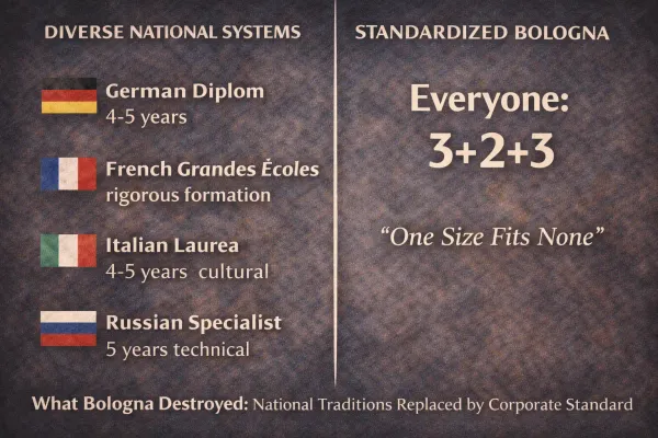 Comparison showing diverse European education systems before Bologna versus standardized Bachelor Master structure after Bologna implementation