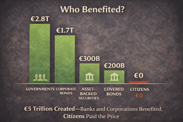 Infographic showing ECB quantitative easing 5 trillion euro distribution to banks corporations governments not citizens or workers