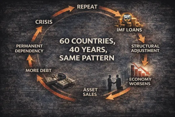 The Debt Cycle Diagram: Circular flow diagram showing: Crisis → IMF Loans → Structural Adjustment → Economy Worsens → Asset Sales → More Debt → Permanent Dependency 