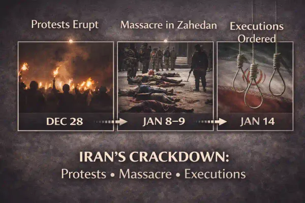 imeline graphic: Dec 28 protests → Jan 8-9 massacre → Jan 14 executions ordered