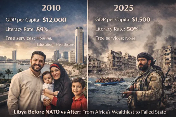 Split comparison showing Libya 2010 under Gaddafi with highest African GDP free services versus Libya 2025 after NATO intervention with failed state slave markets refugee crisis
