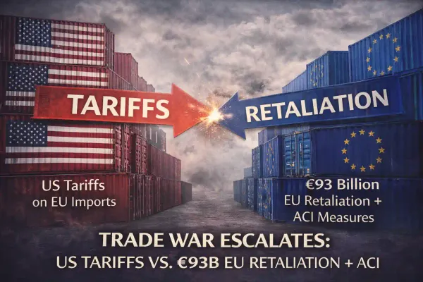 Trade war visualization: US tariffs vs €93B EU retaliation + ACI measures