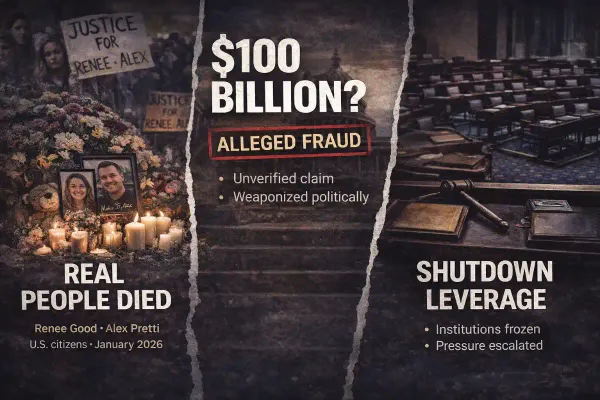 Split image showing Minneapolis memorial for ICE killing victims, $100 billion fraud claim overlay, and empty Capitol building illustrating government shutdown trap