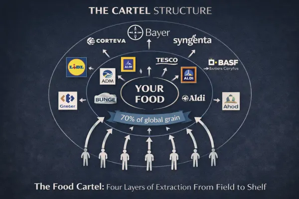 Network diagram showing how commodity traders ABCD companies, supermarket chains, and agribusiness giants control food from farmer to consumer extracting profits at every layer
