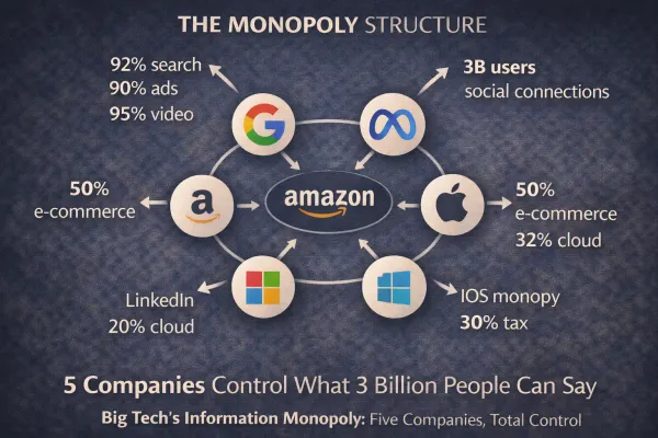 Infographic showing Google Meta Amazon Apple Microsoft controlling search social commerce apps cloud infrastructure with market share percentages demonstrating monopoly power